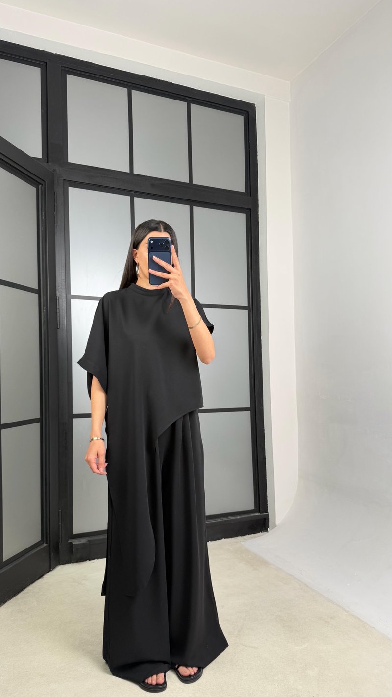 Siyah Asimetrik Bluz Beli Lastikli Pantolon İkili Tasarım Takım GAUS-01490