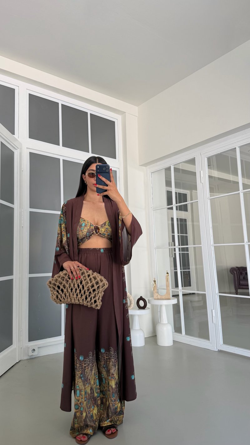Kahve Kimono Crop Beli Lastikli Pantolon 3lü Desenli Premium Takım GAUS-01831
