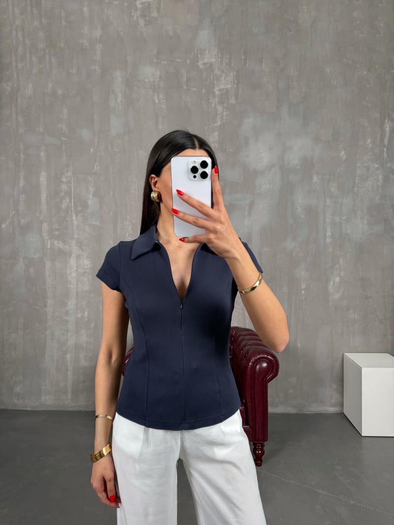 Lacivert Polo Yaka Ön Fermuarlı Tshirt Gaus00191