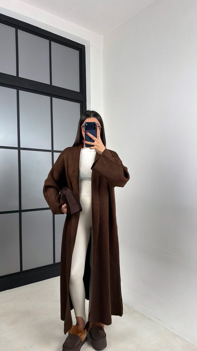 Kahve Oversize Maxi Boy Triko Hırka GAUS-00728