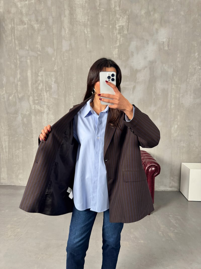 Anna Kahve Çizgili Astarlı Blazer Ceket