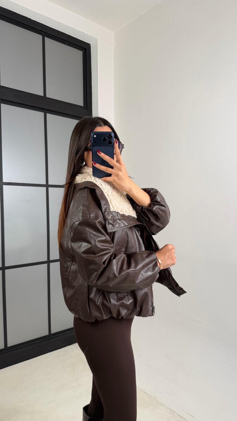 Acı Kahve Kürk Yakalı Astarlı ZR Model Deri Mont GAUS-00698