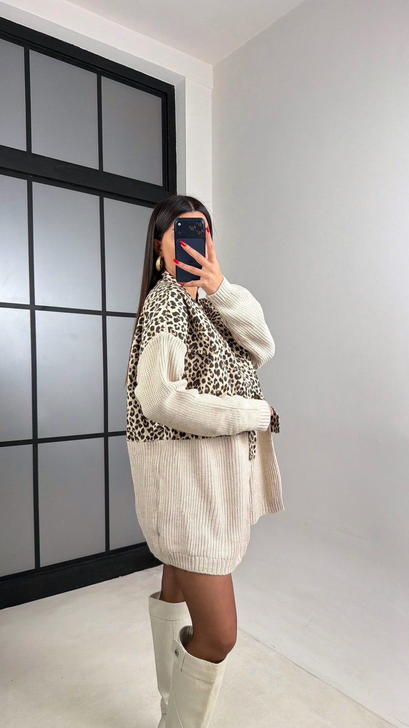Ekru Leopar Desenli Denim Detaylı Triko Hırka GAUS-01001