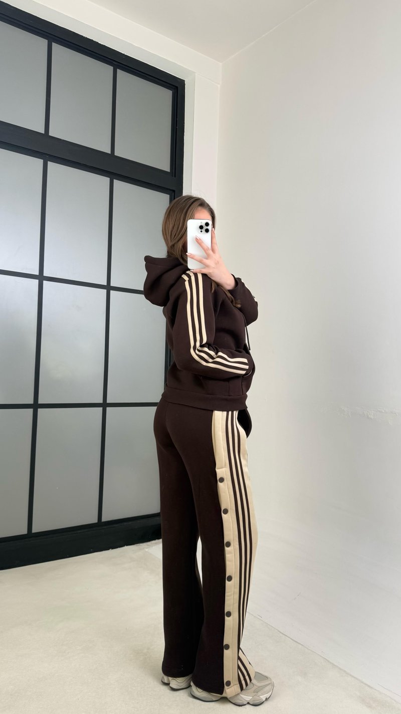 Acı Kahve Şerit Detaylı Sweatshirt Beli Lastikli Eşofman Şardonlu Takım GAUS-01073