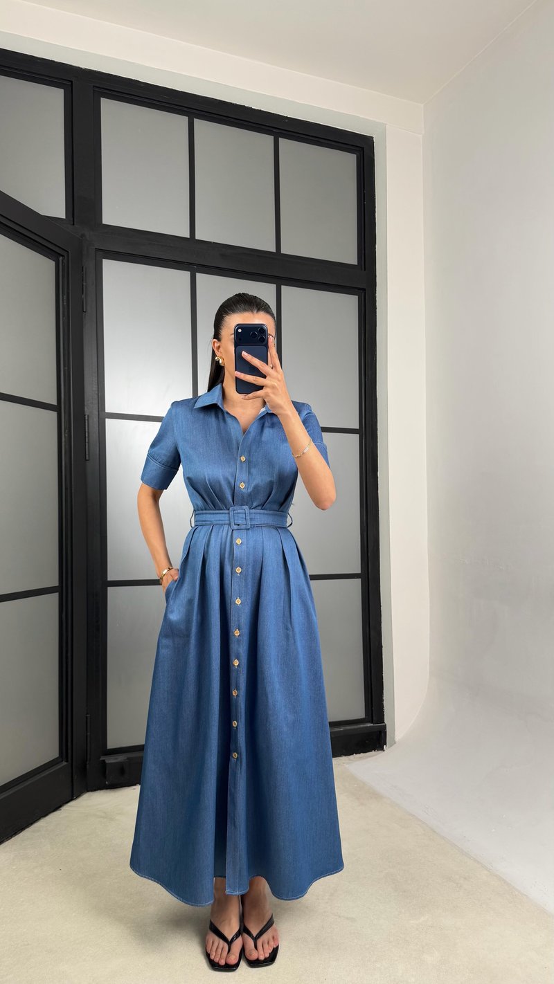 Mavi Kemerli Tencel Denim Premium Elbise GAUS-01452