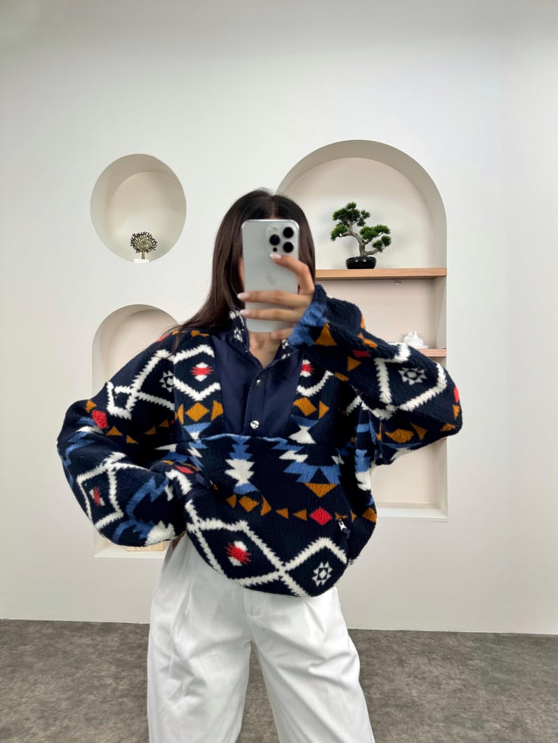 Jow Lacivert Desenli Yaka Çıtçıtlı Peluş Sweatshirt