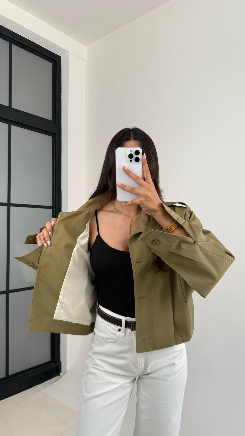 Haki Pile Detaylı Astarlı Kısa Trençkot GAUS-0089