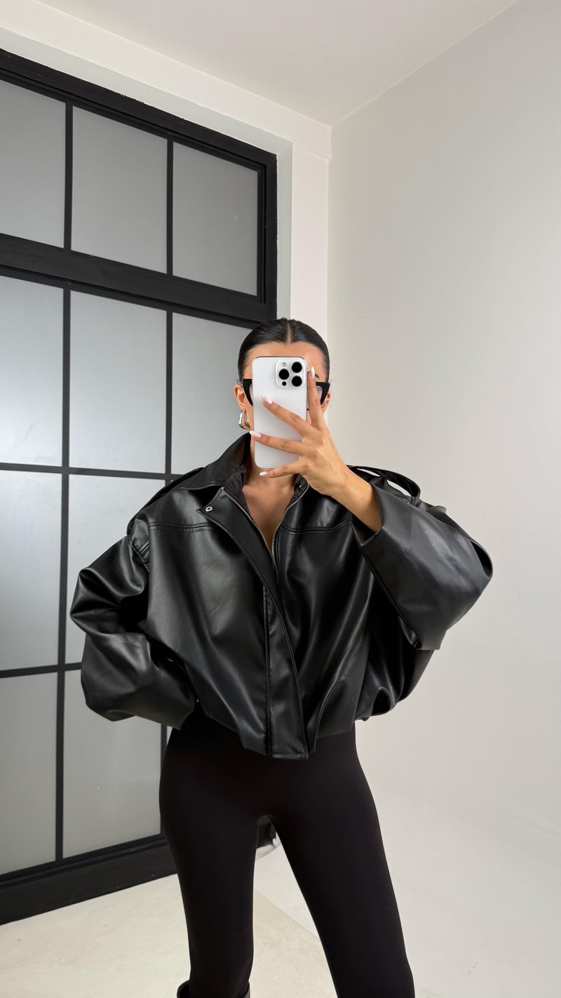 Siyah Gizli Fermuarlı Deri Bomber Ceket GAUS-00492