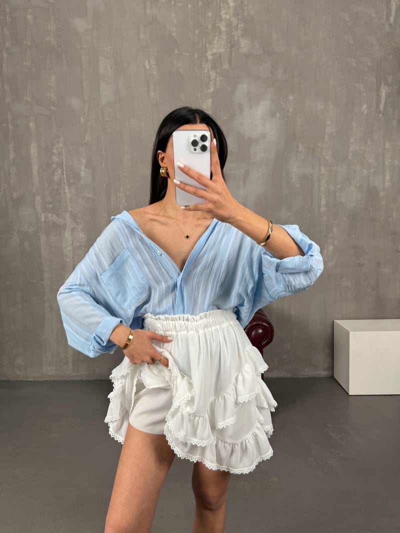 Beyaz Şort Astarlı Volanlı Mini Etek Gaus00078 