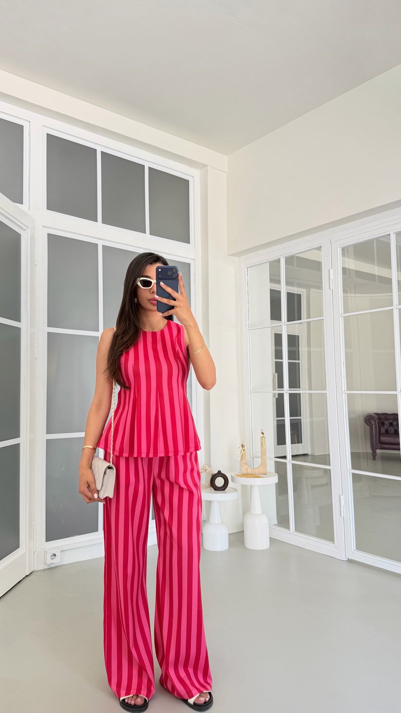 Pembe Kırmızı Çizgili Bluz Beli Lastikli Pantolon Çizgili Premium Takım GAUS-01740