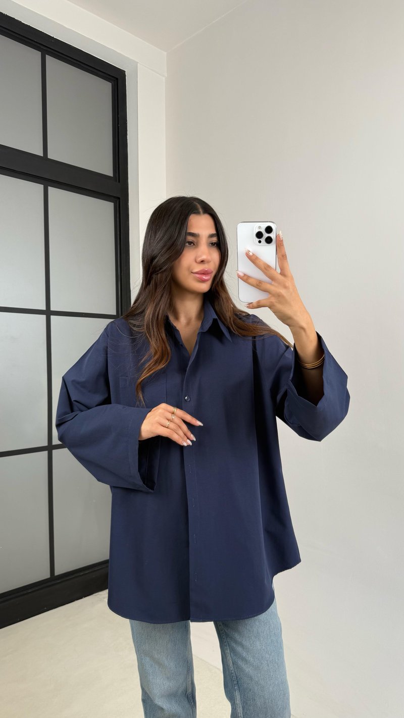 Lacivert Oversize Cep Detaylı Poplin Gömlek GAUS-0072