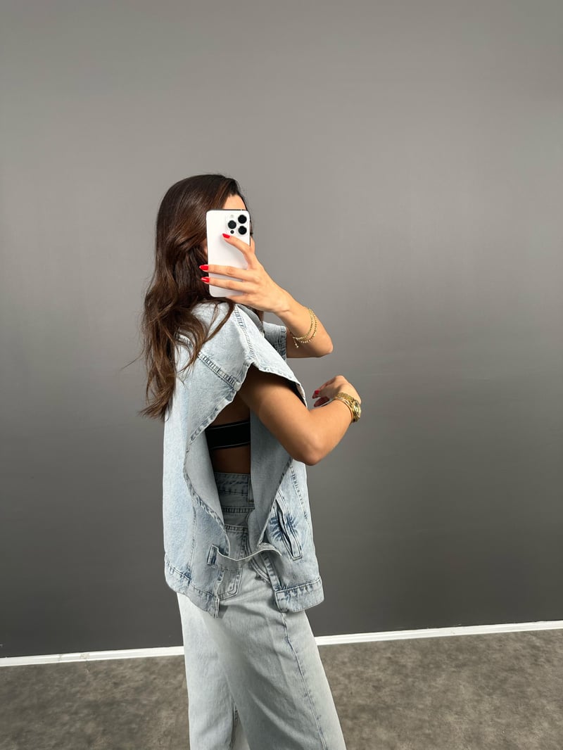 Laswel Buz Mavisi Yarasa Kol Tasarım Denim Kot Yelek 