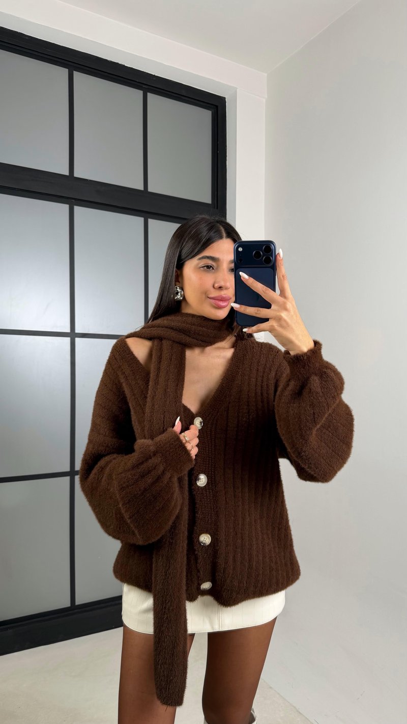 Kahve Şal Detaylı Yumuşak Dokulu Triko Hırka GAUS-00650