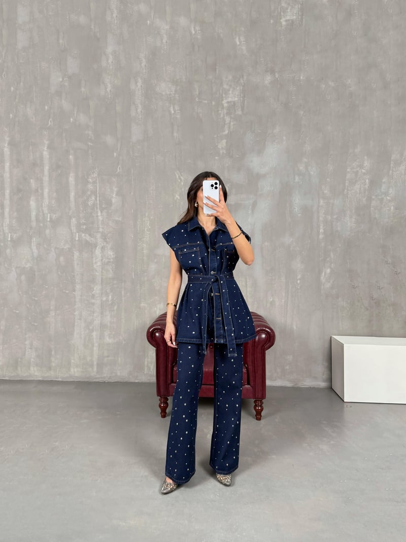 Hespi Lacivert Zımbalı Kuşaklı Yelek Pantolon Denim Takım