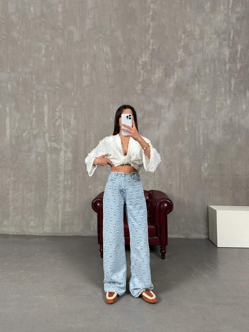 Tonsi Buz Mavi Yırtık Detaylı Tasarım Wide Leg Jean