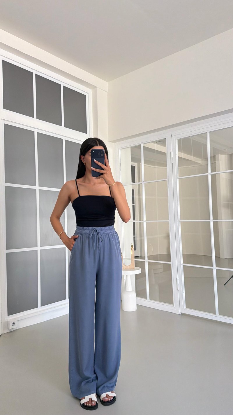 Mavi Yıkamalı Beli Lastikli Tencel Pantolon GAUS-01678