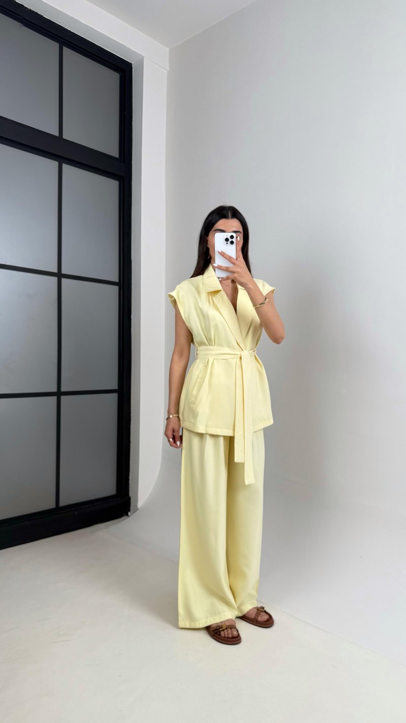 Sarı Cepli Kuşaklı Yelek Beli Lastikli Pantolon Tencel Takım Gaus00433