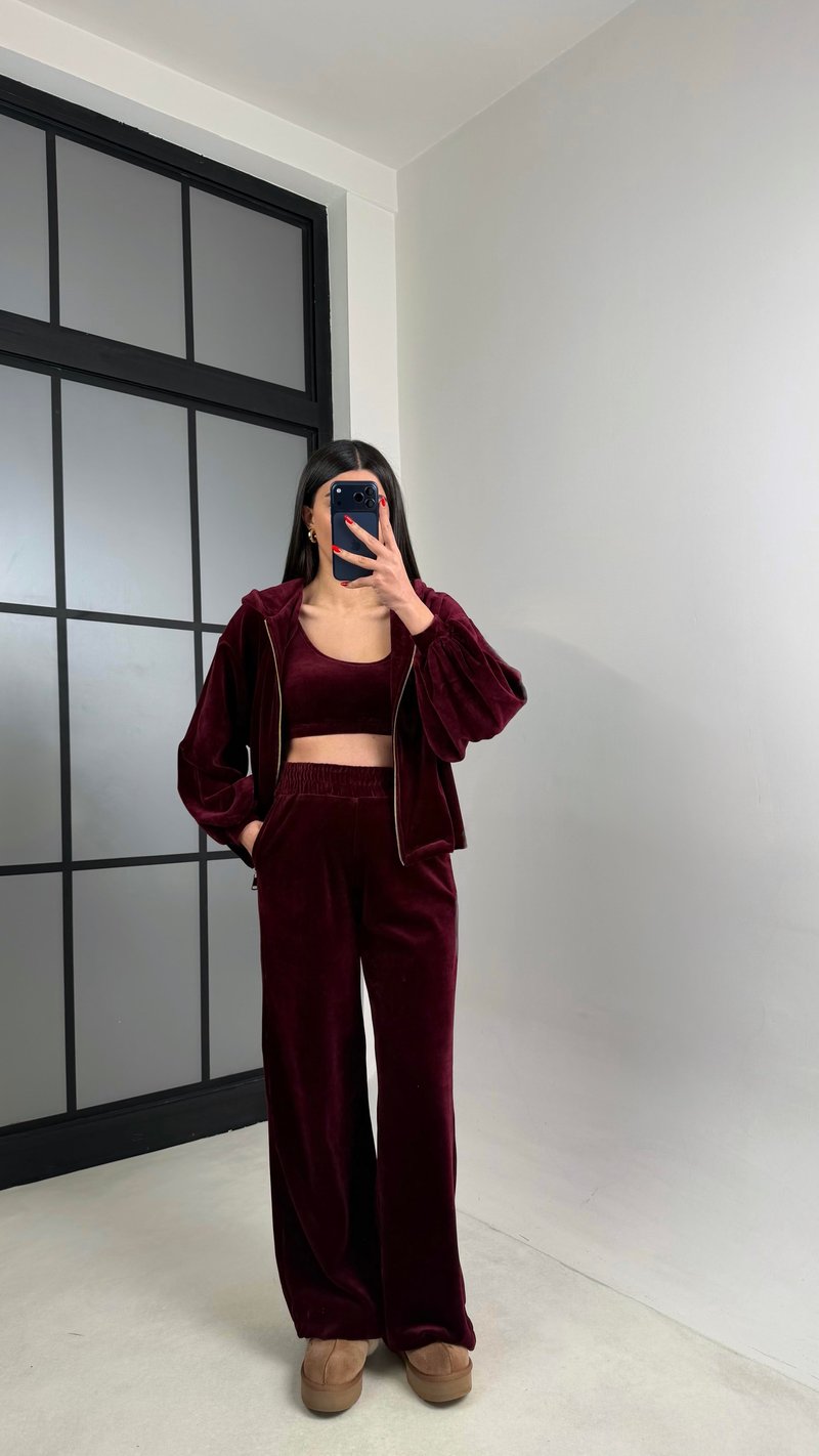 Mürdüm Kapüşonlu Hırka Crop Beli Lastikli Pantolon 3lü Kadife Takım GAUS-00875