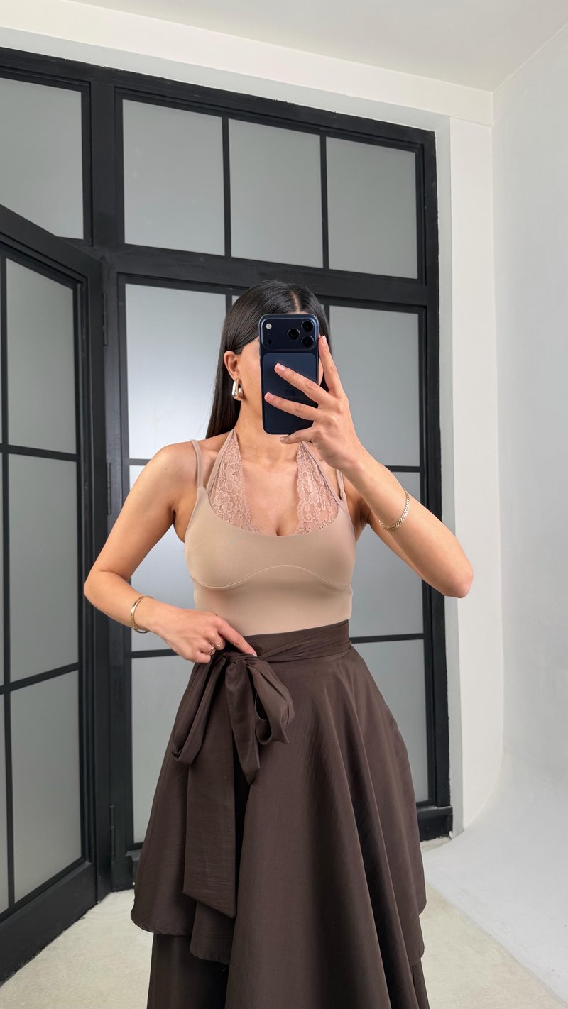 Acı Kahve İthal Tencel Kumaş Tasarım Etek Pantolon GAUS-01412