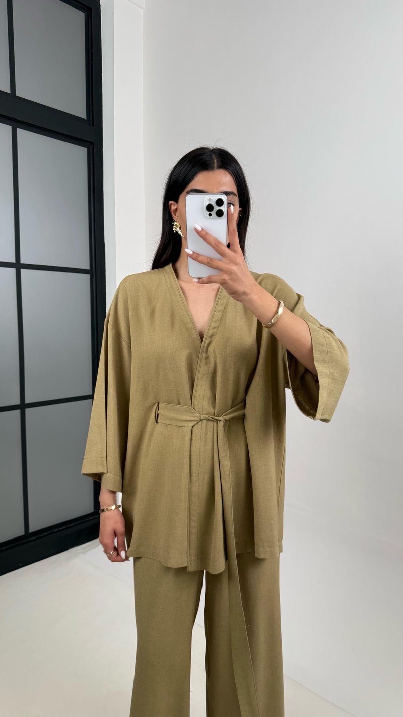 Haki Kuşaklı Kimono Beli Lastikli Cepli Pantolon Keten Takım Gaus00397