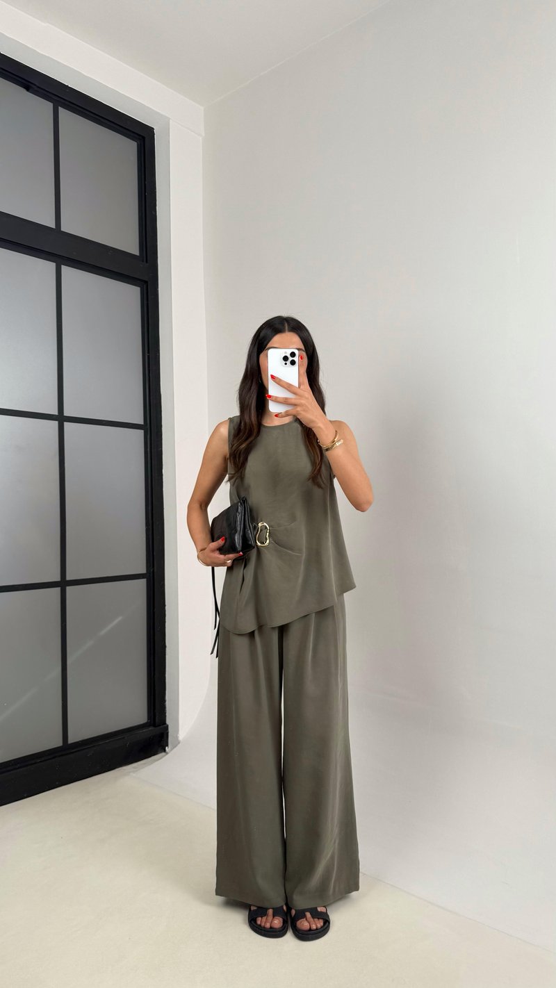 Haki Gold Detaylı Bluz Balon Pantolon İkili Tencel Takım Gaus00510
