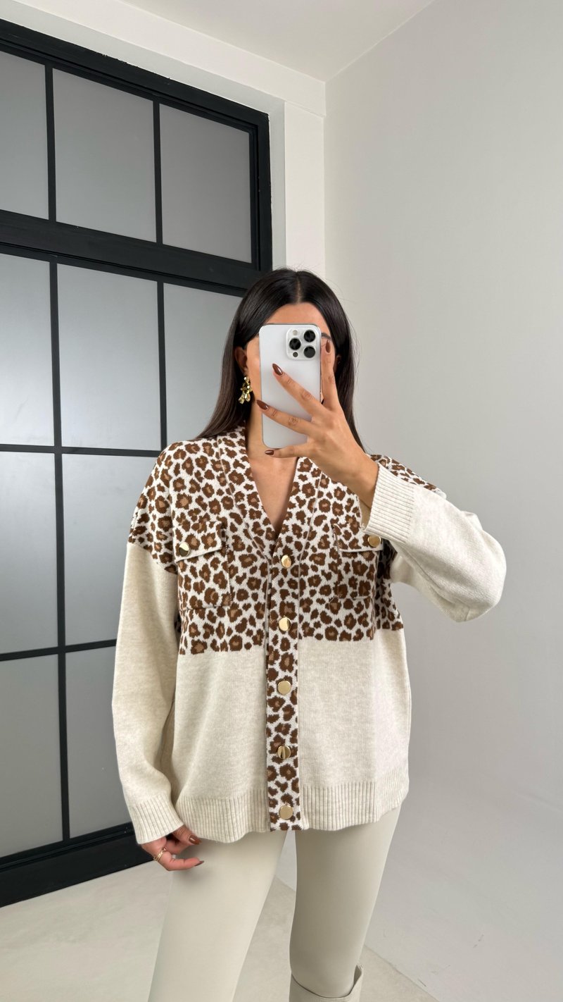 Bej Leopar Desenli Cepli Triko Hırka GAUS-00176