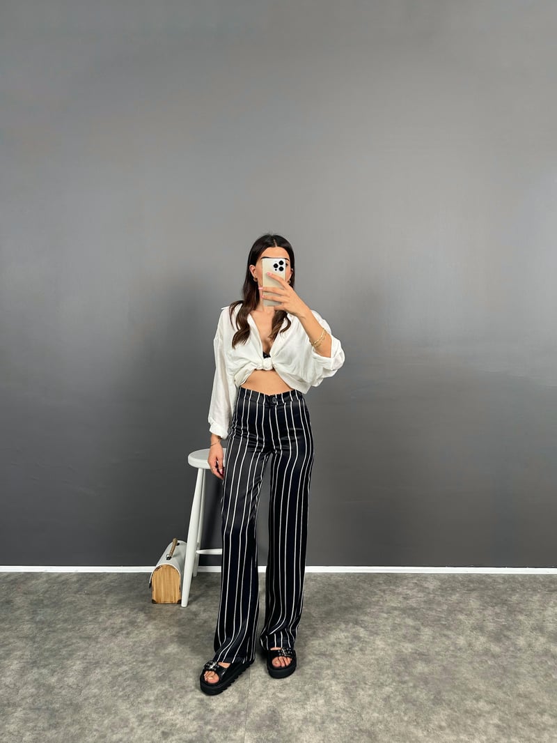 Ryn Siyah Saten Çizgili Zr Model Pantolon