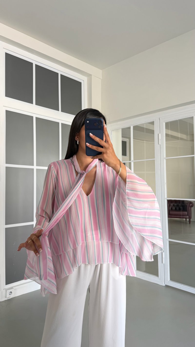 Pembe Fular Detaylı Şeritli Gömlek GAUS-01706