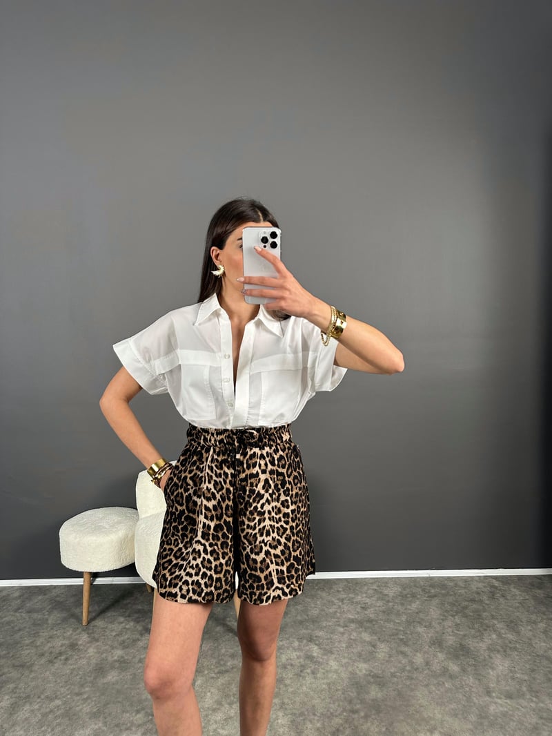 ZR Model Leoparlı Beli Lastikli Cepli Şort 