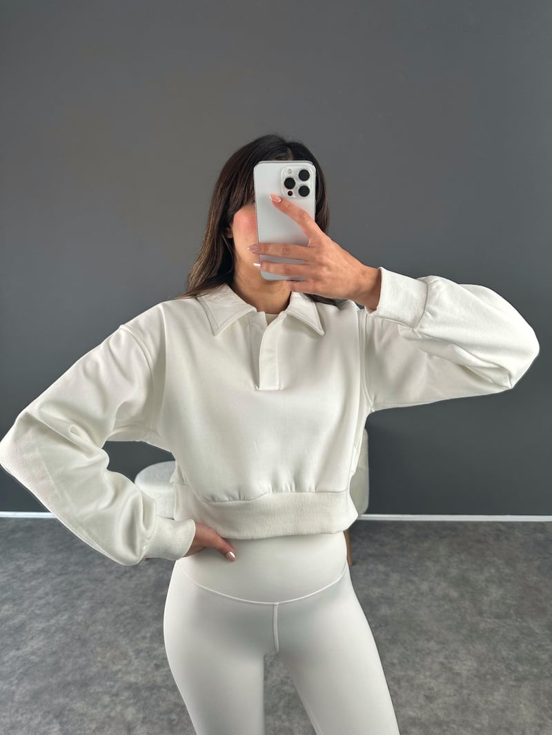Beyaz Polo Yaka Şardonlu Crop Sweatshirt