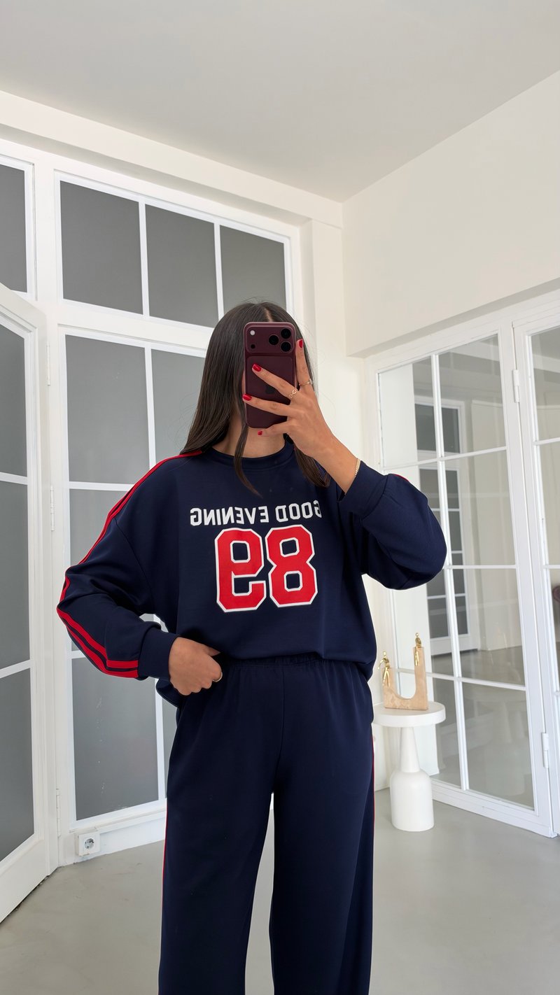 Lacivert Şeritli Baskılı Sweatshirt Beli Lastikli Pantolon İkili Takım GAUS-02235