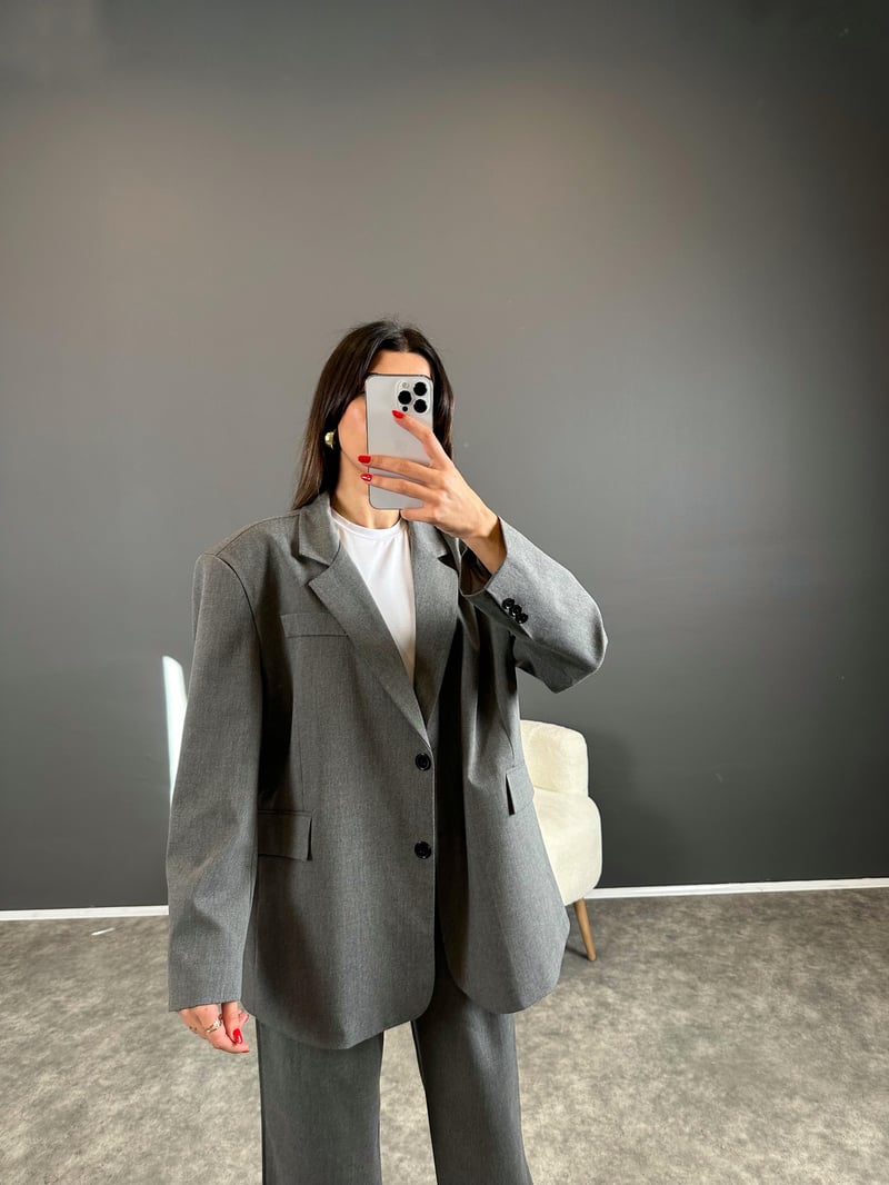 Pascal Gri Oversize Astarlı Blazer Ceket