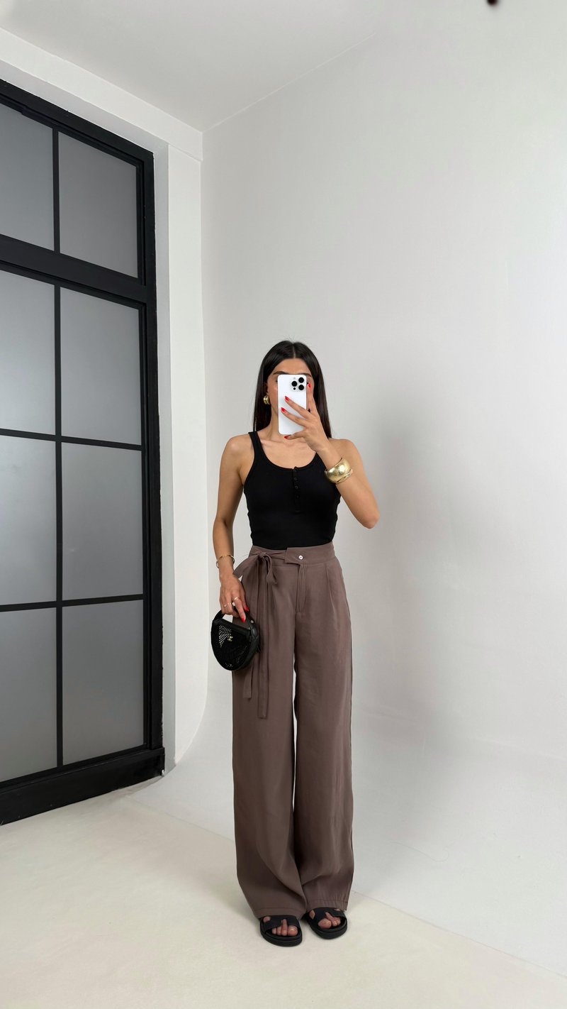 Kahve Yan Bağlamalı Tasarım Tencel Pantolon Gaus00500