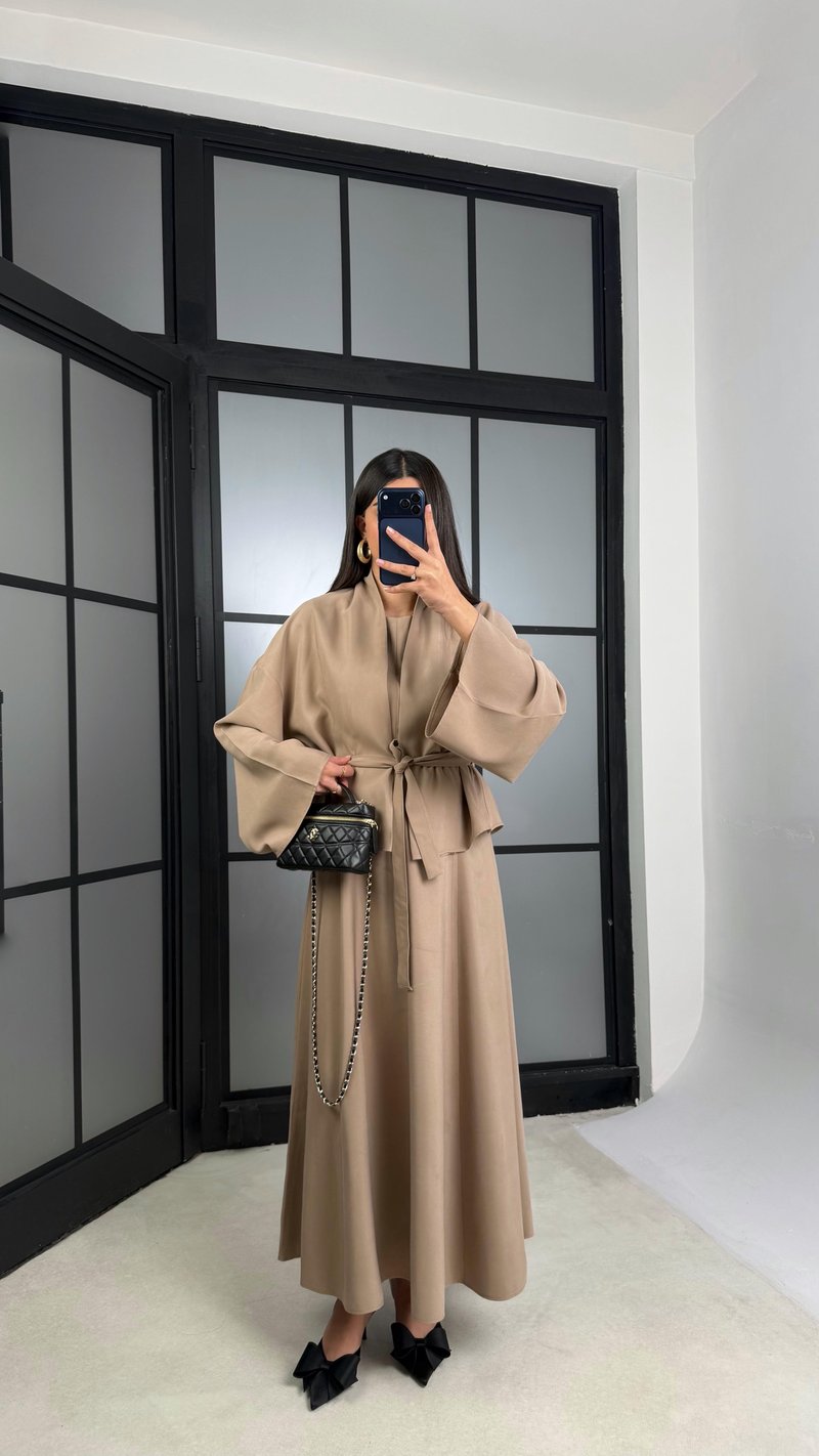 Camel Kuşaklı Ceket Elbise Premium Tencel Takım GAUS-01165