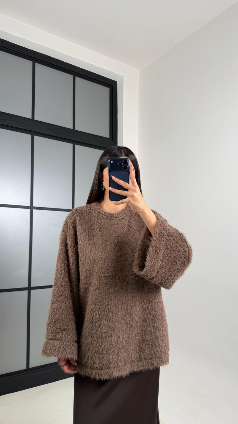 Kahve Yumuşak Dokulu Peluş Kazak GAUS-00817