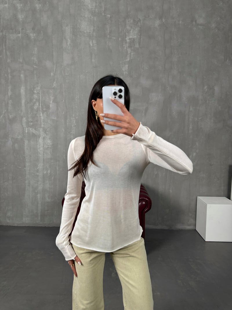 Krem Transparan Bisiklet Yaka Triko