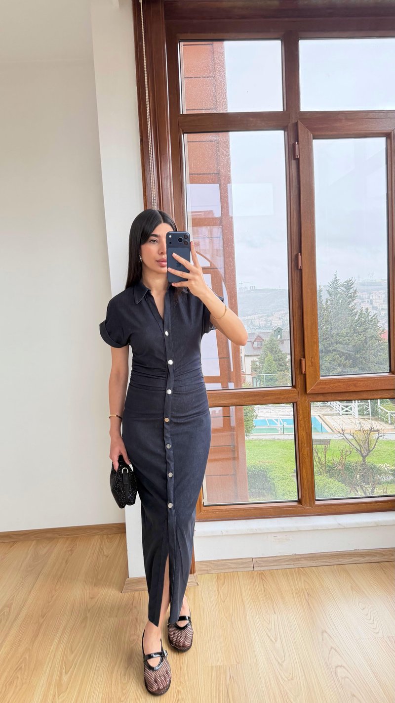 Lacivert Düğmeli Premium Denim Elbise GAUS-01315