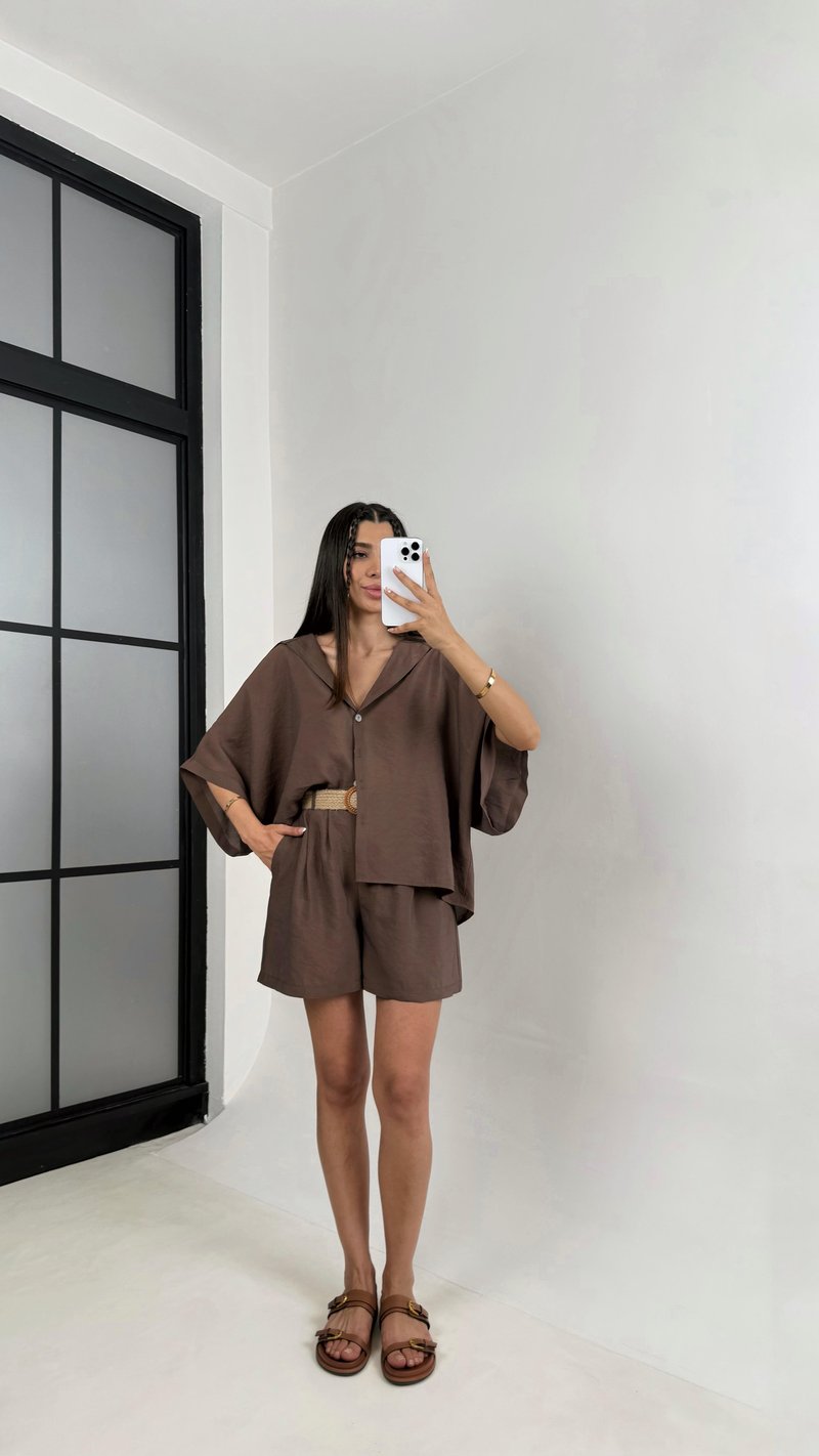 Kahve Gömlek Hasır Kemerli Şort İkili Tencel Takım Gaus00559