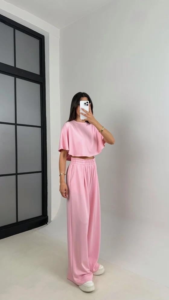 Pembe Crop Beli Lastikli Palazzo Eşofman İkili Modal Kumaş Takım GAUS-01219