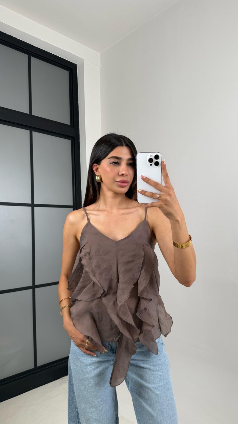 Kahve Ayarlanabilir Askılı MD Muadil Fırfır Detaylı Bluz Gaus00665