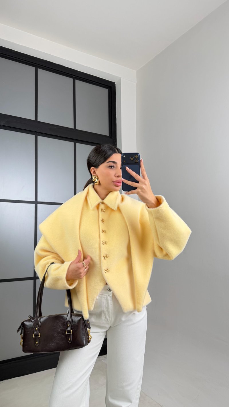 Sarı Fiyonk Düğmeli Astarlı Şal Detaylı Kaşe Ceket GAUS-00885
