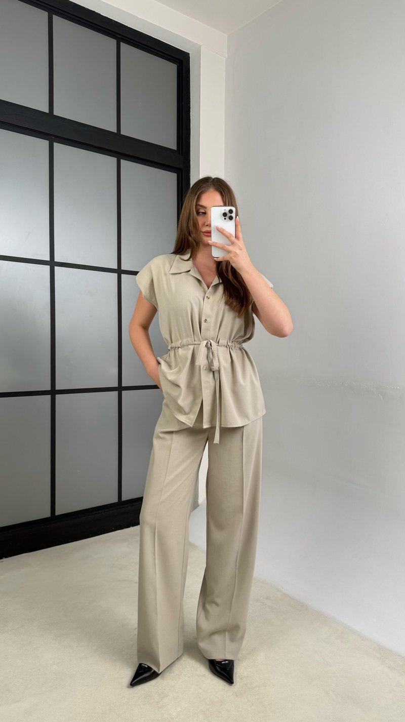 Taş Vatkalı Beli Lastikli Kuşaklı Yelek Pantolon İkili Takım GAUS-00986