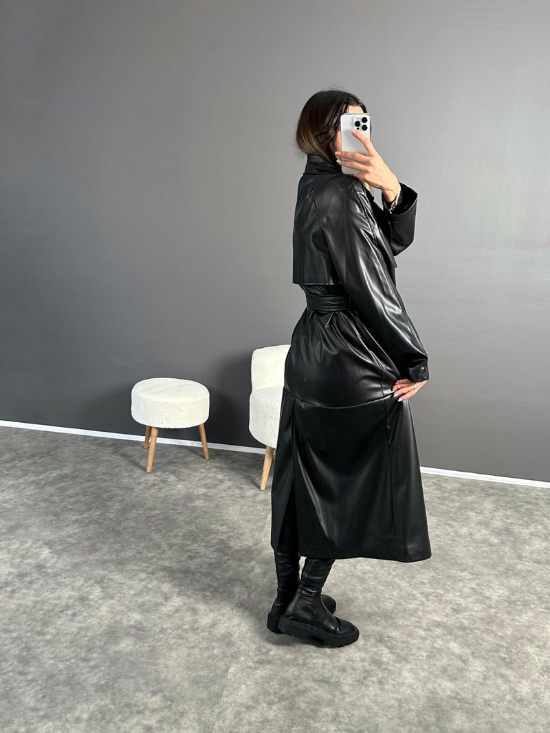 Siyah Premium Uzun Oversize Deri Ceket 