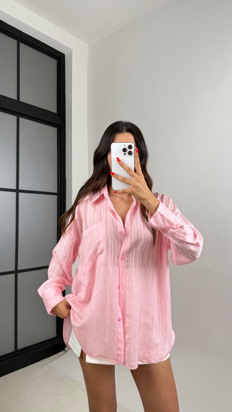 Pembe Şerit Desenli Kırışık Tencel Gömlek GAUS-0032