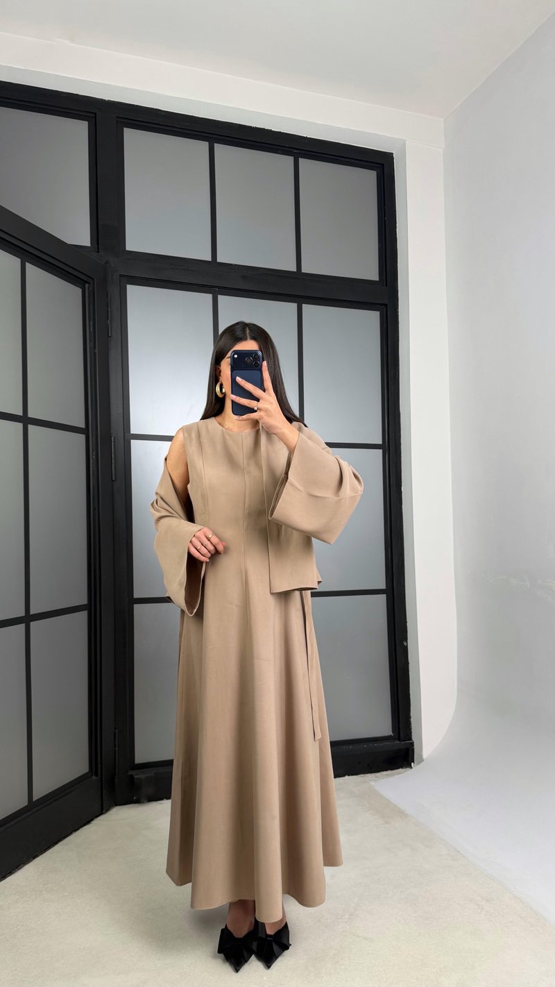 Camel Kuşaklı Ceket Elbise Premium Tencel Takım GAUS-01165