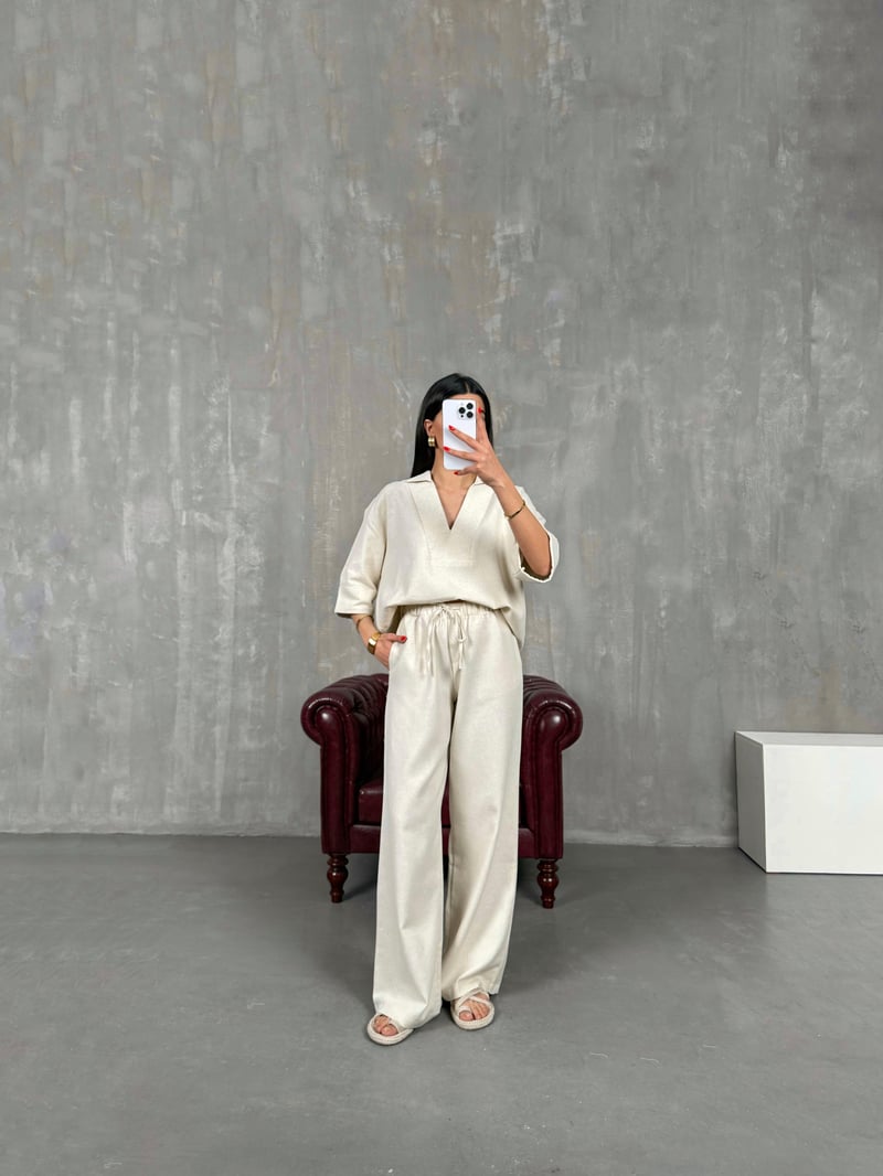 Gem V-Neck Linen Set Gaus00159