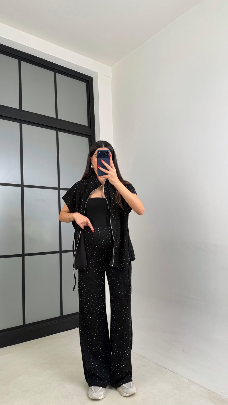 Siyah Beli Lastikli Hırka Pantolon Taşlı Modal Takım GAUS-01064