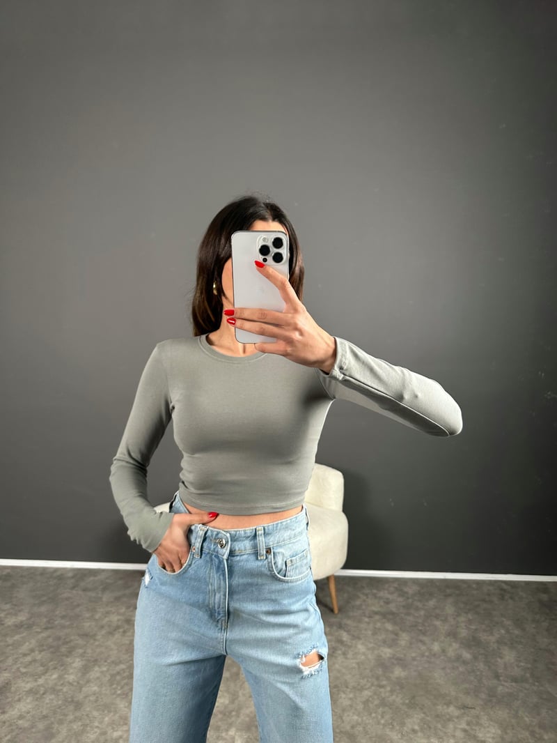 Gri ZR Model Basic Uzun Kollu Crop