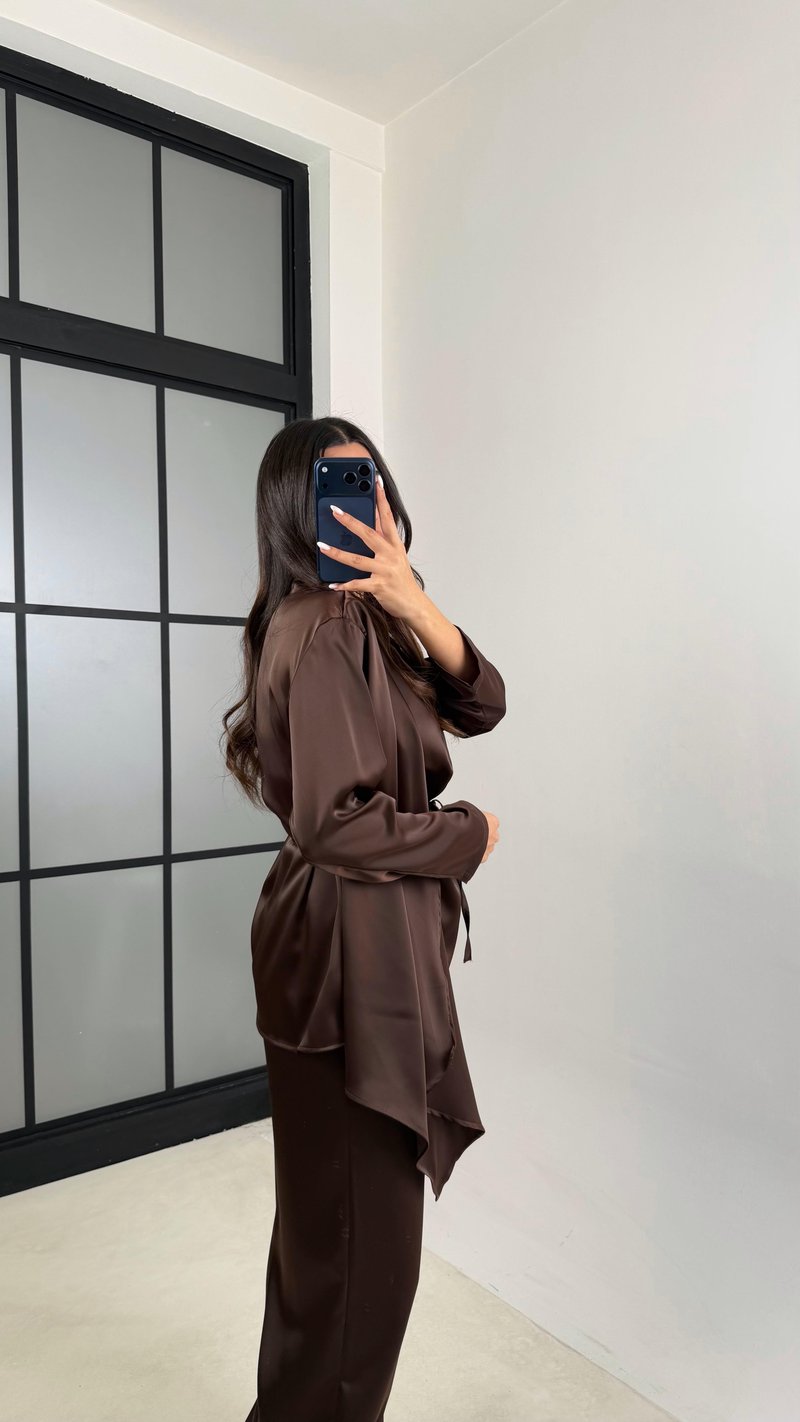 Kahve Şal Detaylı Bluz Beli Lastikli Şalvar İkili Saten Takım GAUS-00606