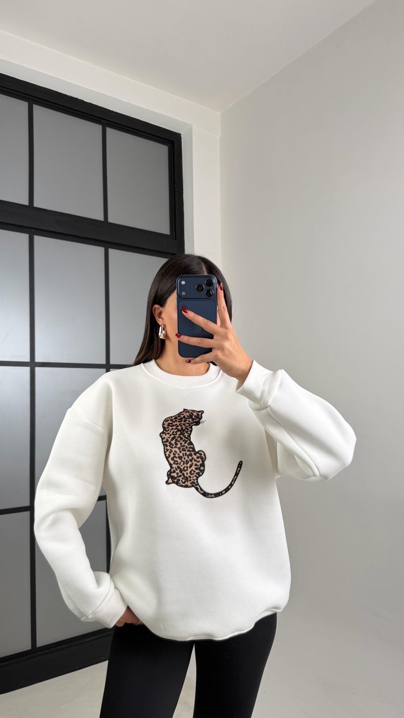 Beyaz Leopar Nakışlı Şardonlu Sweatshirt GAUS-00796